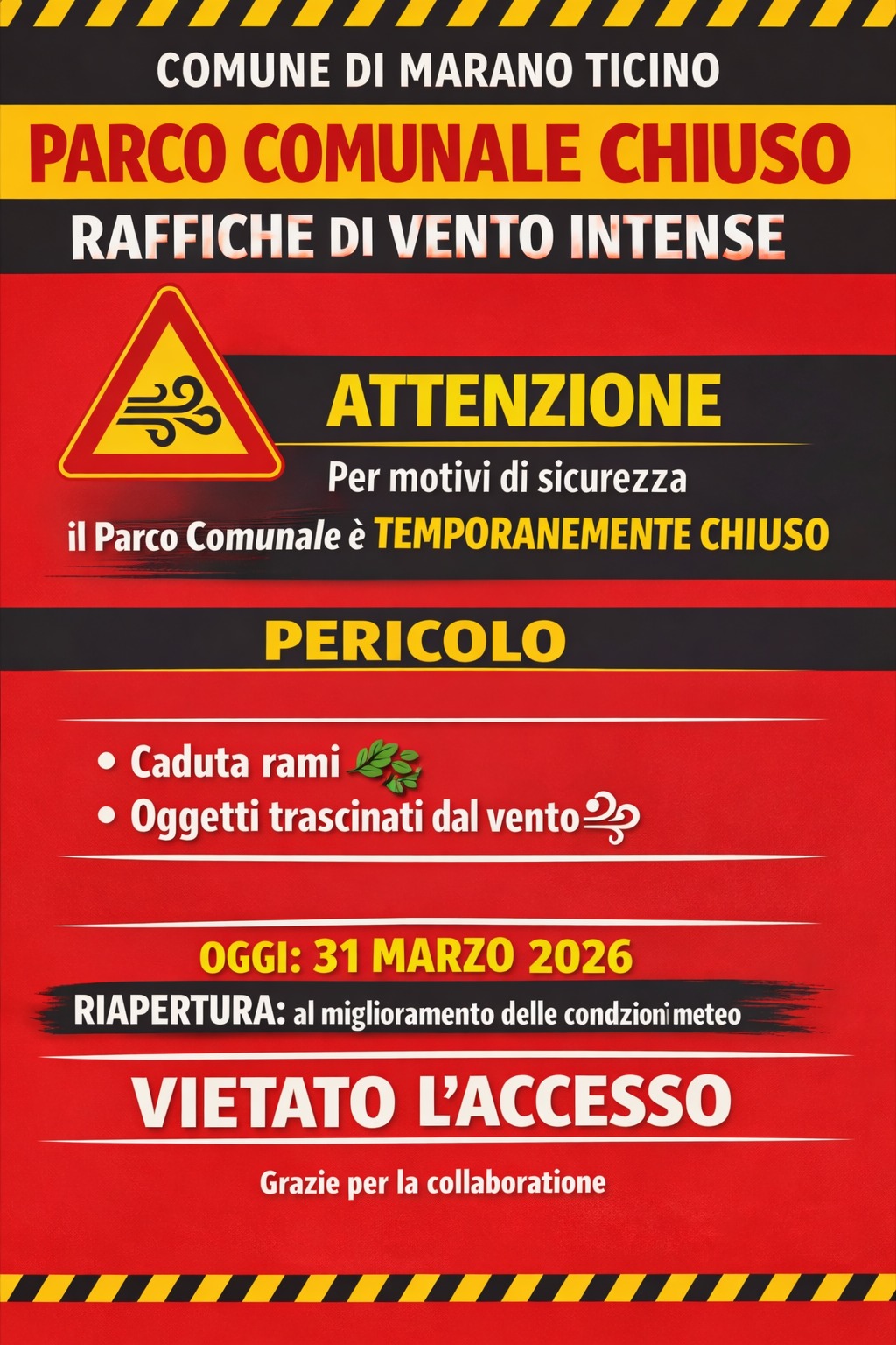 Immagine a sfondo rosso con indicazione di chiusura parco giochi per forme vento con segnale di pericolo