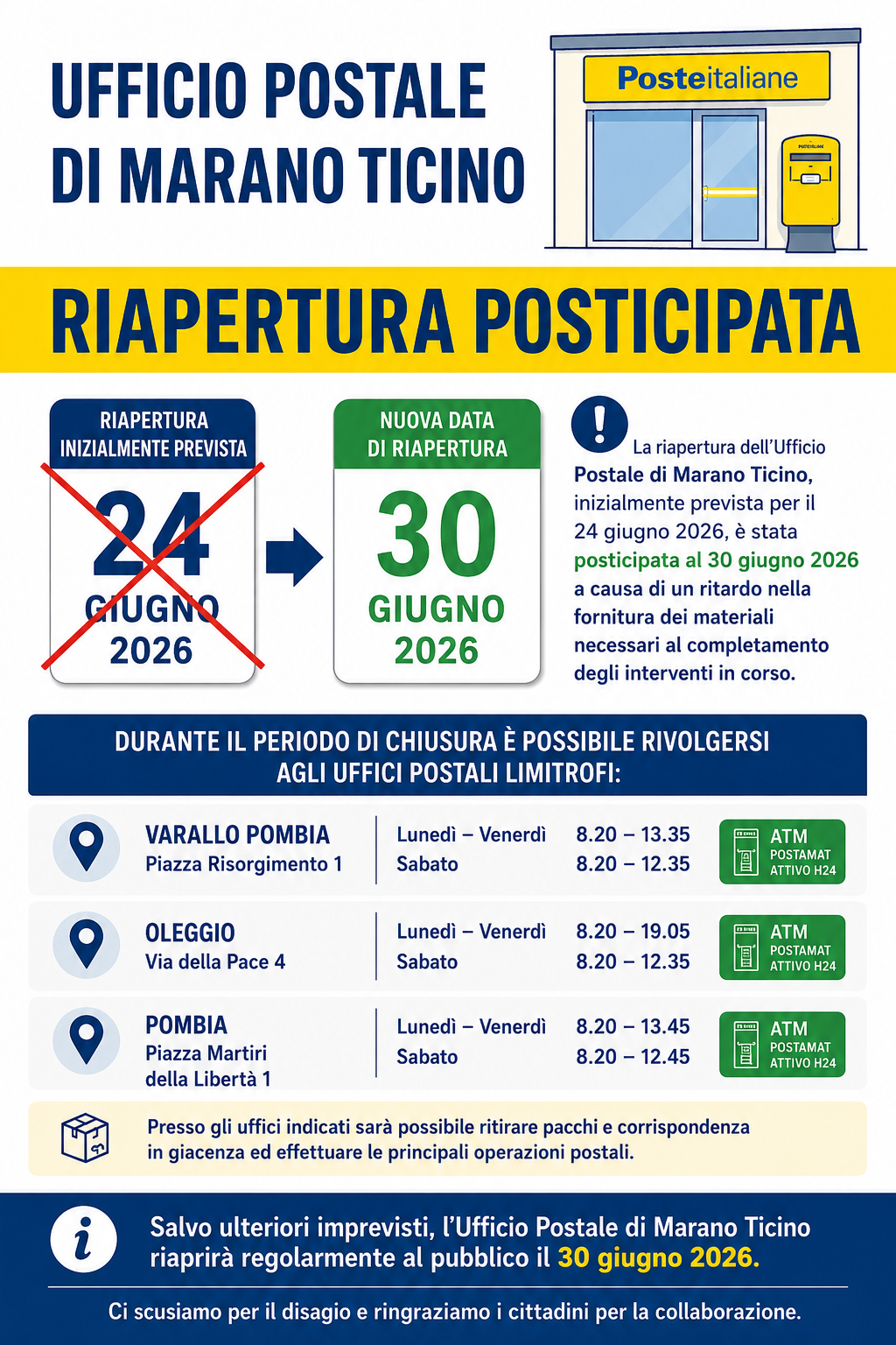 Locandina informativa in stile istituzionale dedicata all'Ufficio Postale di Marano Ticino. Nella parte superiore compare il titolo “Ufficio Postale di Marano Ticino” e, in evidenza su una fascia gialla, la scritta “Riapertura posticipata”. Al centro sono raffigurati due calendari: il primo con la data 24 giugno 2026 barrata da una X rossa, il secondo con la nuova data di riapertura 30 giugno 2026. Accanto, un testo informa che la riapertura è stata rinviata al 30 giugno 2026 a causa di un ritardo nella fornitura dei materiali necessari al completamento degli interventi.

Nella parte centrale della locandina è presente una sezione che indica gli uffici postali alternativi disponibili durante il periodo di chiusura: Varallo Pombia, Oleggio e Pombia, con relativi indirizzi, orari di apertura e indicazione della presenza di ATM Postamat attivo 24 ore su 24.

In basso, una nota informa che presso tali uffici è possibile ritirare pacchi e corrispondenza in giacenza ed effettuare le principali operazioni postali. La locandina si conclude con il messaggio che, salvo ulteriori imprevisti, l'Ufficio Postale di Marano Ticino riaprirà regolarmente al pubblico il 30 giugno 2026, seguito da un ringraziamento ai cittadini per la collaborazione. I colori predominanti sono blu, giallo, bianco e verde.