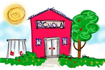Illustrazione in stile disegno infantile raffigurante una scuola. Al centro si trova un edificio a due piani con facciata rosa-rossa, tetto spiovente dello stesso colore e la scritta “SCUOLA” all’interno di un cartello sopra l’ingresso. La scuola ha un grande portone centrale a doppia anta e due finestre laterali.

A sinistra dell’edificio è presente un’altalena, mentre a destra si trova un grande albero con chioma verde e tronco marrone. Il terreno è rappresentato da cespugli e aree verdi con piccoli fiori o elementi colorati. Sullo sfondo si vedono un cielo azzurro e, nell’angolo superiore sinistro, un sole giallo-arancione stilizzato.