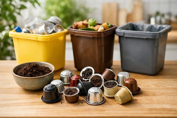 Capsule di caffè usate e fondi di caffè davanti a contenitori per la raccolta differenziata